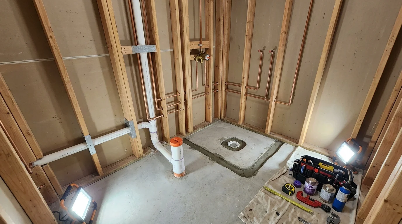 Bathroom rough-in plumbing during remodel by Johns Plumbing LLC in New York Mills