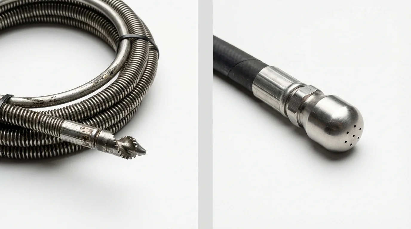 Drain snake cable and hydro jetting nozzle used for drain cleaning in New York Mills, NY