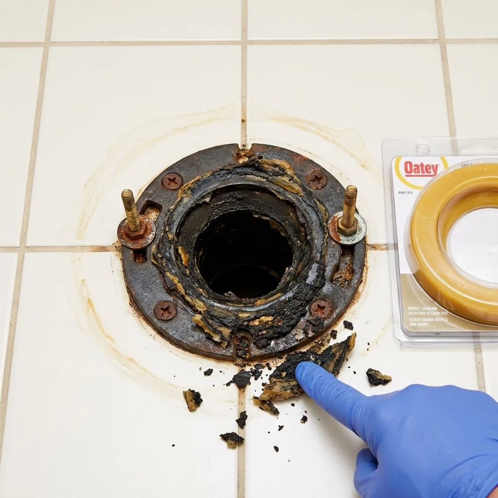 Failed wax ring showing water seepage at the base of a toilet in a New York Mills, NY home