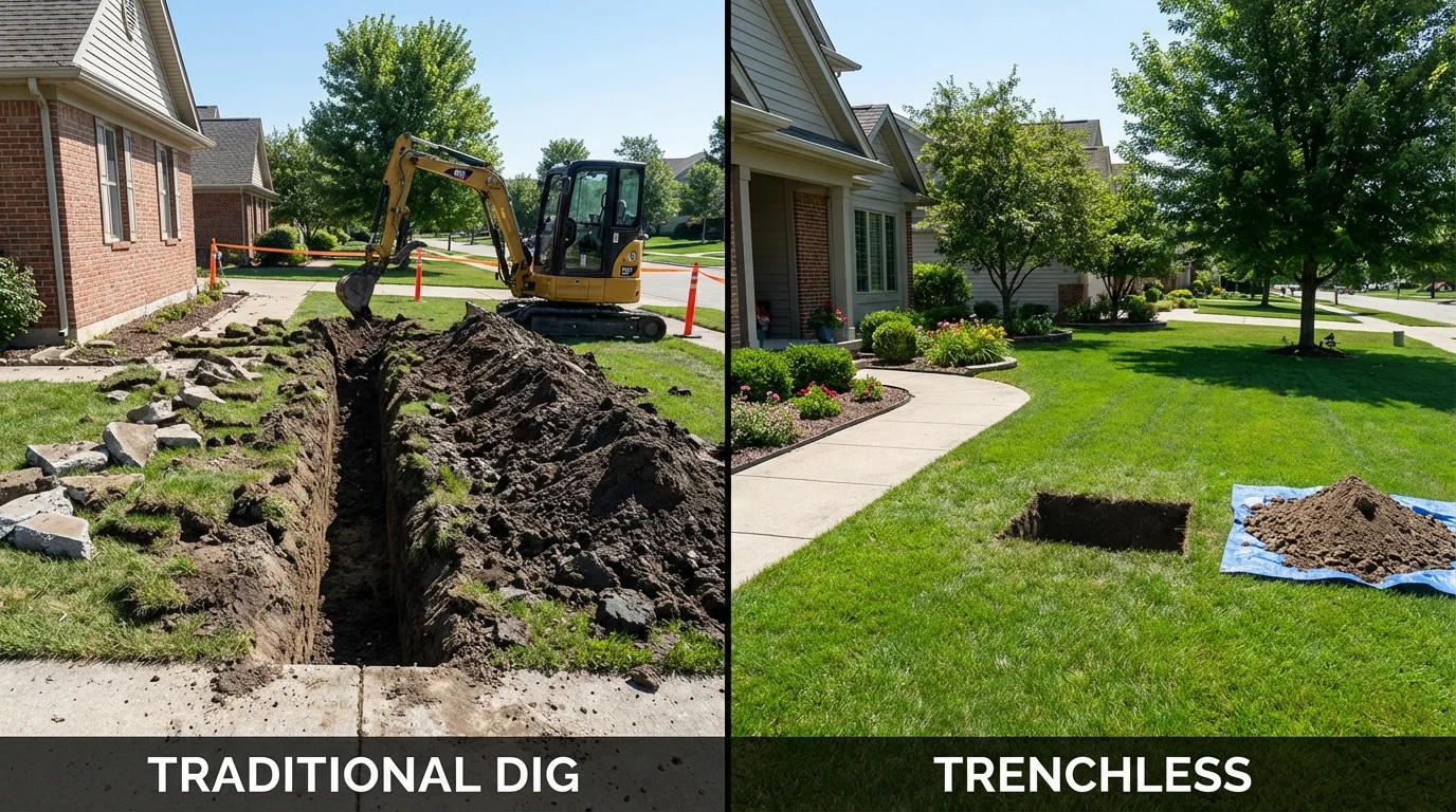 Trenchless sewer repair with minimal yard damage versus traditional excavation in New York Mills, NY