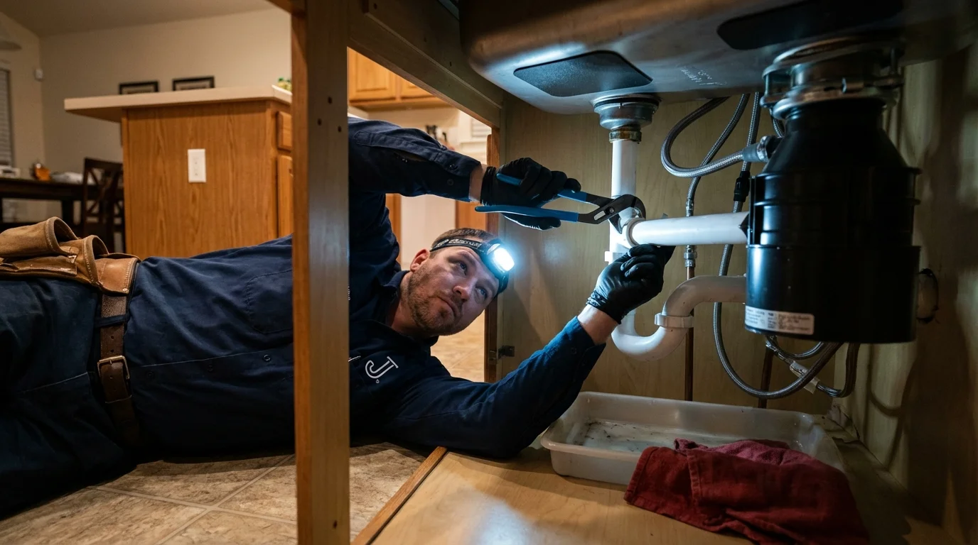 P-trap and supply line connections under a kitchen sink showing a common leak point in New York Mills, NY